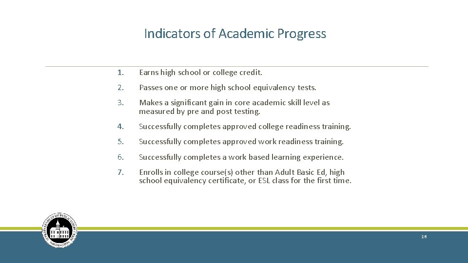 Indicators of Academic Progress 1. Earns high school or college credit. 2. Passes one