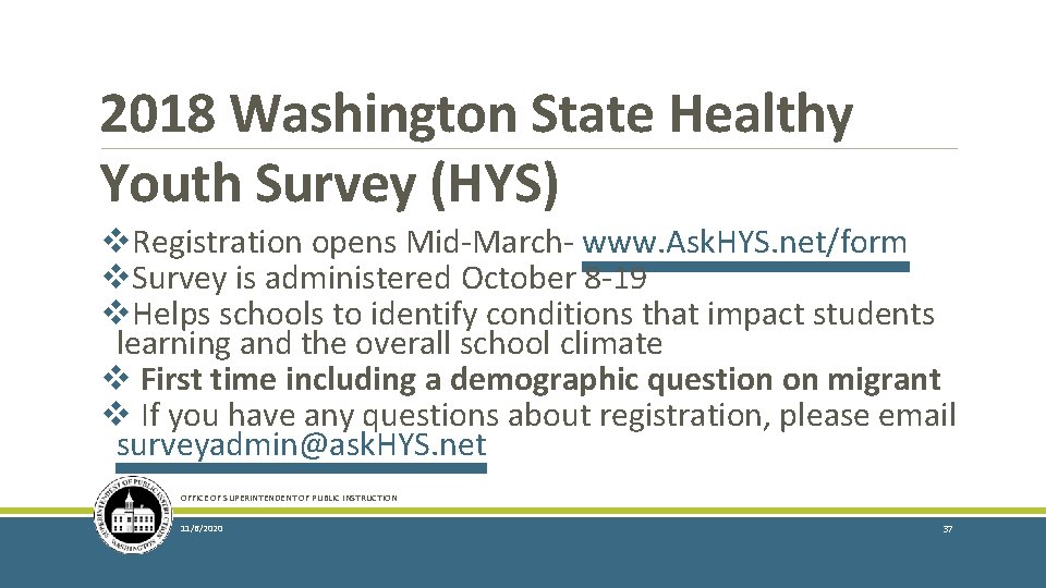 2018 Washington State Healthy Youth Survey (HYS) v. Registration opens Mid-March- www. Ask. HYS.