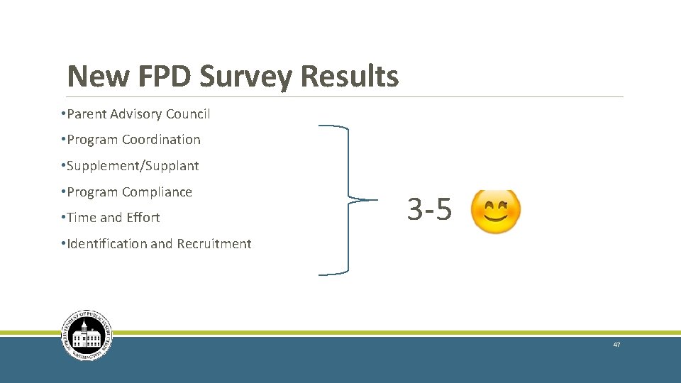 New FPD Survey Results • Parent Advisory Council • Program Coordination • Supplement/Supplant •