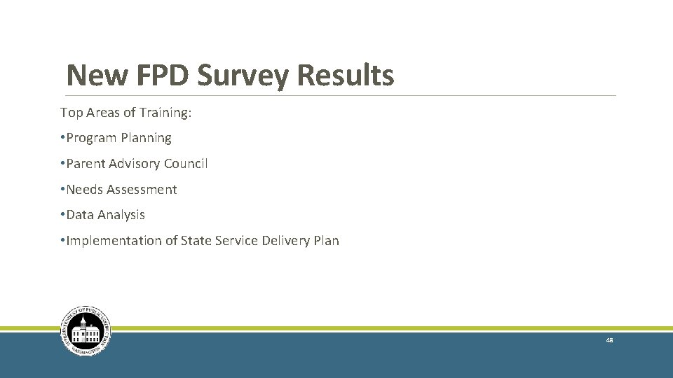 New FPD Survey Results Top Areas of Training: • Program Planning • Parent Advisory