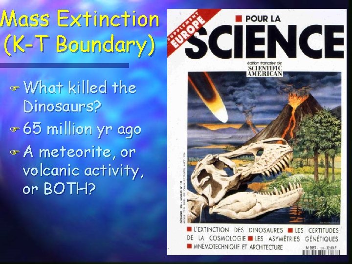 Mass Extinction (K-T Boundary) F What killed the Dinosaurs? F 65 million yr ago