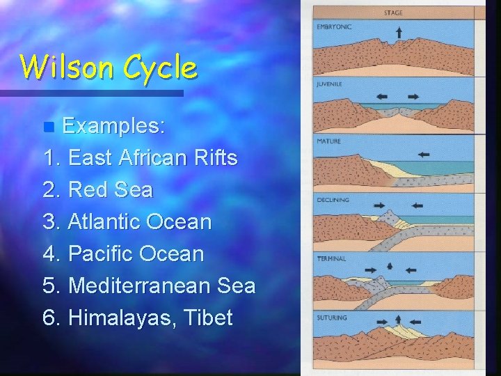 Wilson Cycle Examples: 1. East African Rifts 2. Red Sea 3. Atlantic Ocean 4.