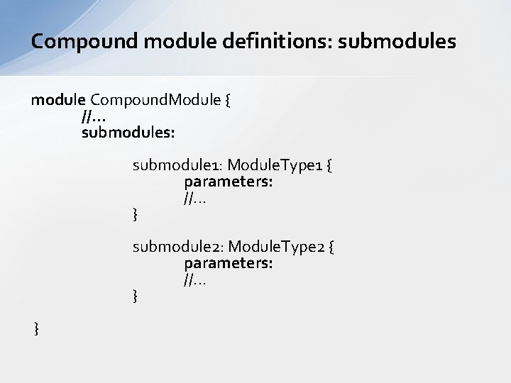 Compound module definitions: submodules module Compound. Module { //. . . submodules: submodule 1: Compound module definitions: submodules module Compound. Module { //. . . submodules: submodule 1: