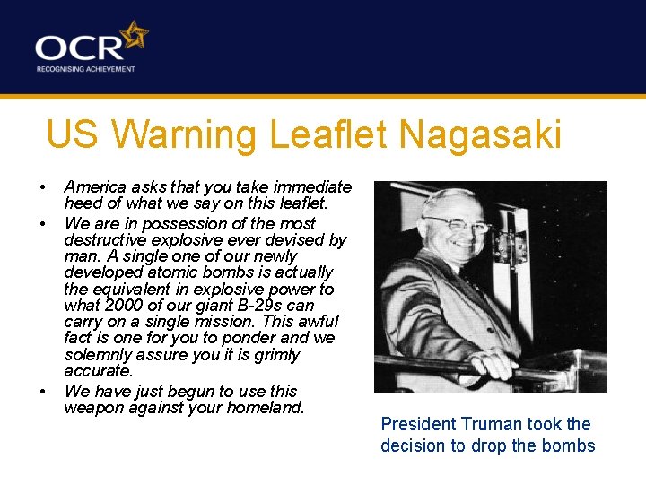 US Warning Leaflet Nagasaki • • • America asks that you take immediate heed