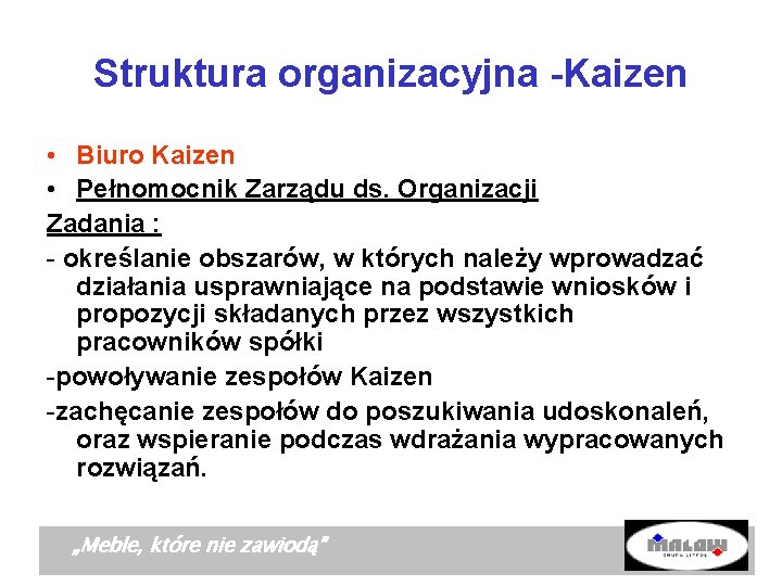 Struktura organizacyjna -Kaizen • Biuro Kaizen • Pełnomocnik Zarządu ds. Organizacji Zadania : -