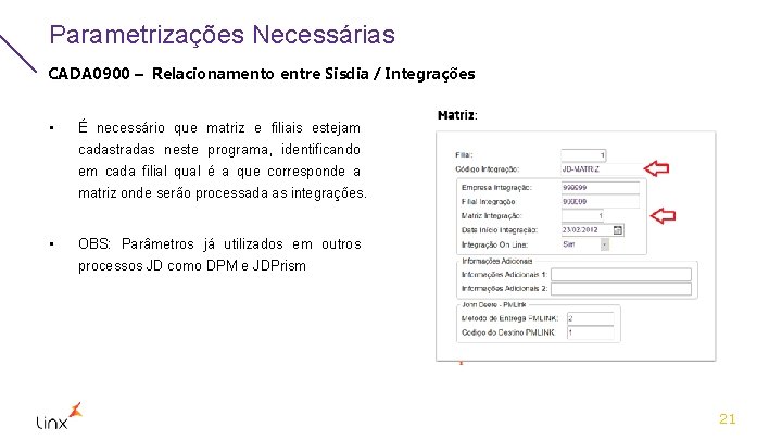 Parametrizações Necessárias CADA 0900 – Relacionamento entre Sisdia / Integrações • É necessário que