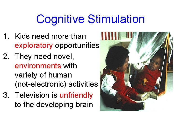 Cognitive Stimulation 1. Kids need more than exploratory opportunities 2. They need novel, environments
