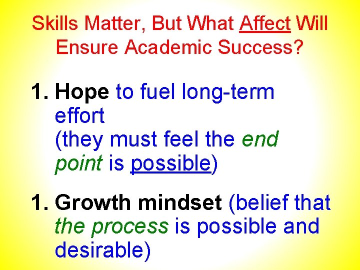 Skills Matter, But What Affect Will Ensure Academic Success? 1. Hope to fuel long-term