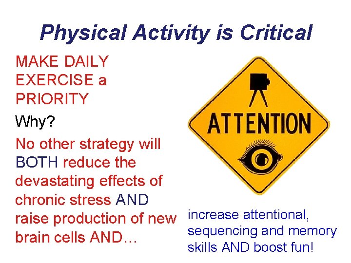 Physical Activity is Critical MAKE DAILY EXERCISE a PRIORITY Why? No other strategy will
