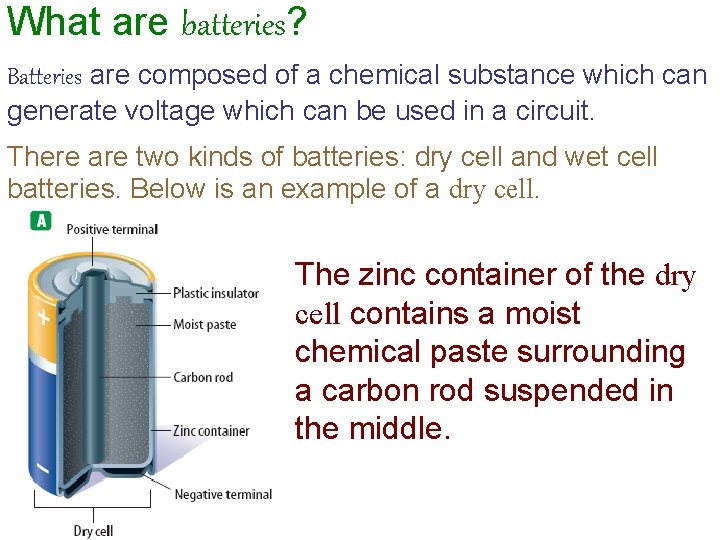 What are batteries? Batteries are composed of a chemical substance which can generate voltage
