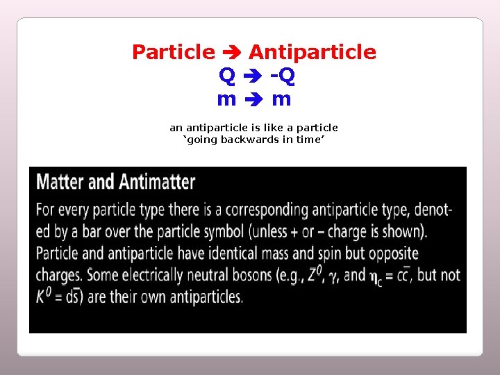 Particle Antiparticle Q -Q m m an antiparticle is like a particle ‘going backwards