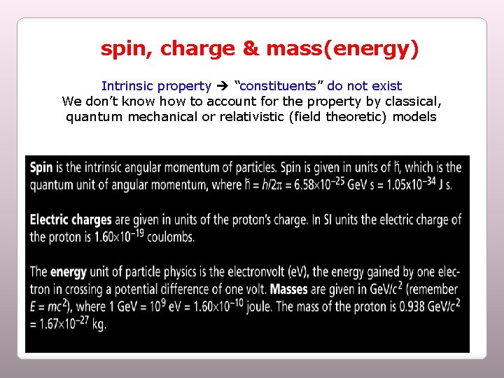 spin, charge & mass(energy) Intrinsic property “constituents” do not exist We don’t know how