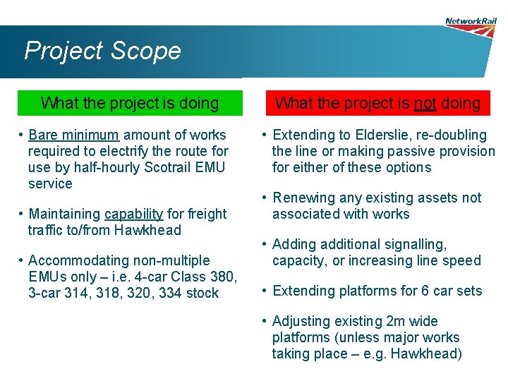 Project Scope What the project is doing • Bare minimum amount of works required