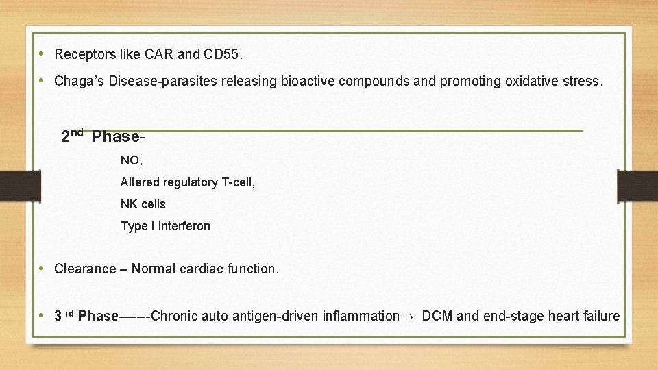  • Receptors like CAR and CD 55. • Chaga’s Disease-parasites releasing bioactive compounds