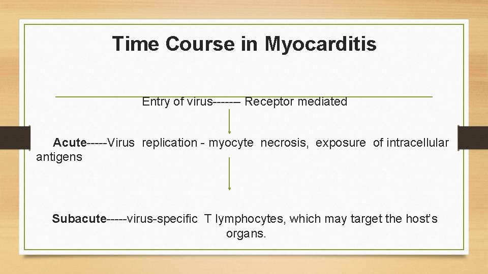 Time Course in Myocarditis Entry of virus------- Receptor mediated Acute-----Virus replication - myocyte necrosis,