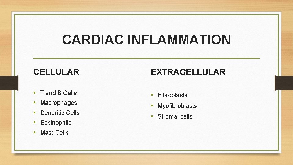 CARDIAC INFLAMMATION CELLULAR EXTRACELLULAR • • • Fibroblasts • Myofibroblasts • Stromal cells T