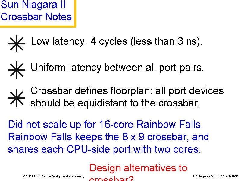 Sun Niagara II Crossbar Notes Low latency: 4 cycles (less than 3 ns). Uniform
