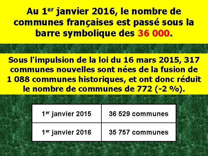 Au 1 er janvier 2016, le nombre de communes françaises est passé sous la