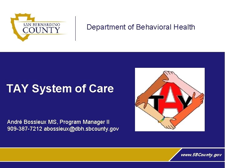 Department of Behavioral Health TAY System of Care André Bossieux MS, Program Manager II