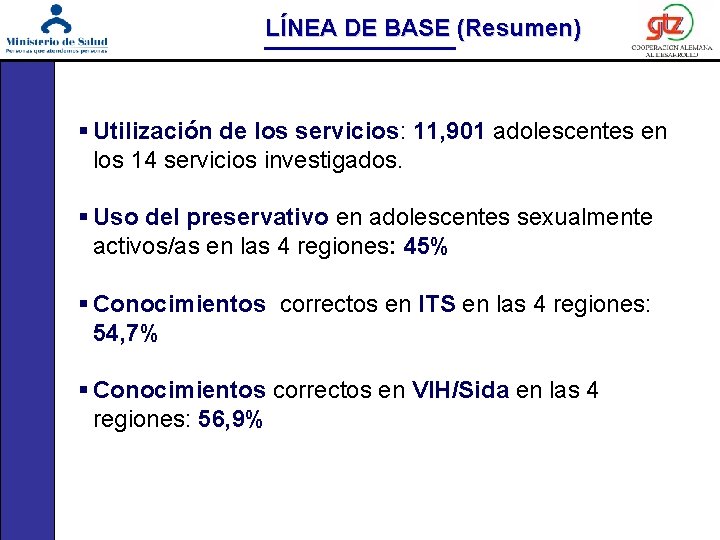LÍNEA DE BASE (Resumen) § Utilización de los servicios: 11, 901 adolescentes en los