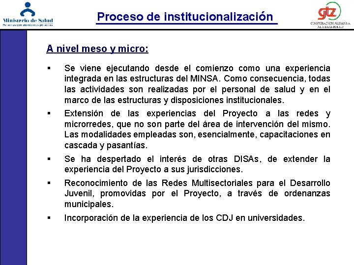 Proceso de institucionalización A nivel meso y micro: § Se viene ejecutando desde el