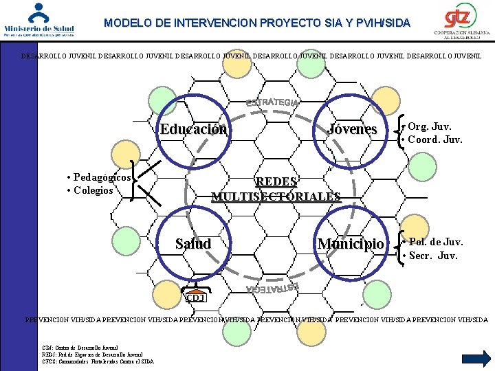 MODELO DE INTERVENCION PROYECTO SIA Y PVIH/SIDA DESARROLLO JUVENIL DESARROLLO JUVENIL Educación • Pedagógicos