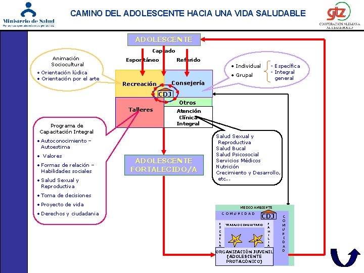 CAMINO DEL ADOLESCENTE HACIA UNA VIDA SALUDABLE ADOLESCENTE Captado Animación Sociocultural Espontáneo Referido •