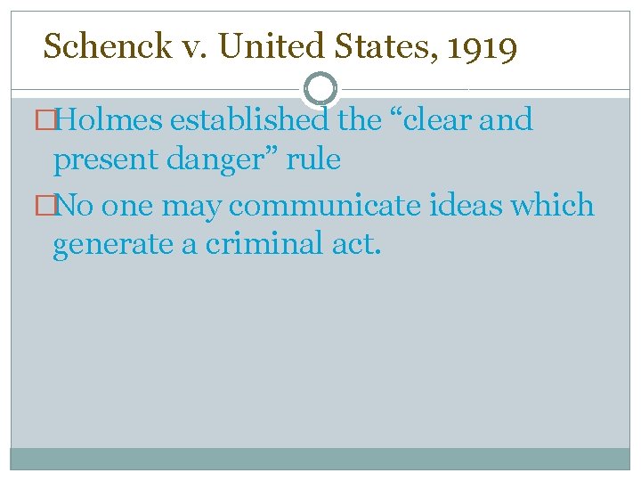 Schenck v. United States, 1919 �Holmes established the “clear and present danger” rule �No