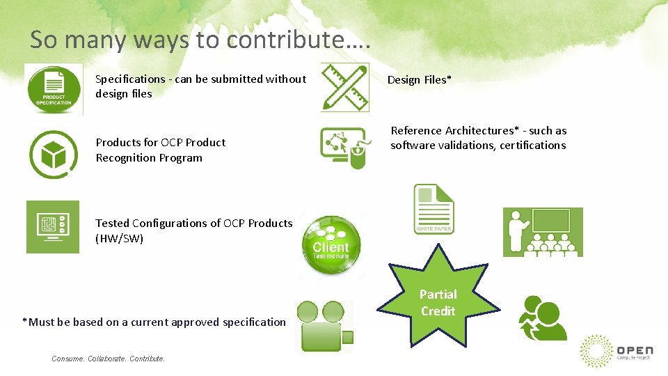 So many ways to contribute…. Specifications - can be submitted without design files Products