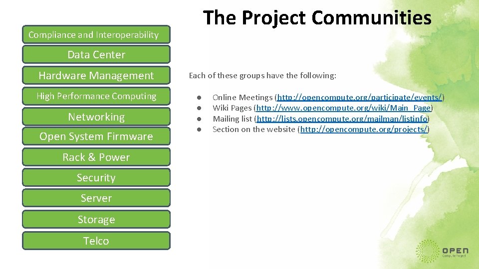 The Project Communities Compliance and Interoperability Data Center Hardware Management High Performance Computing Networking