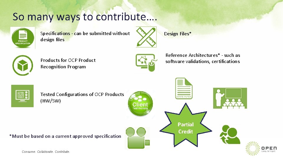 So many ways to contribute…. Specifications - can be submitted without design files Products