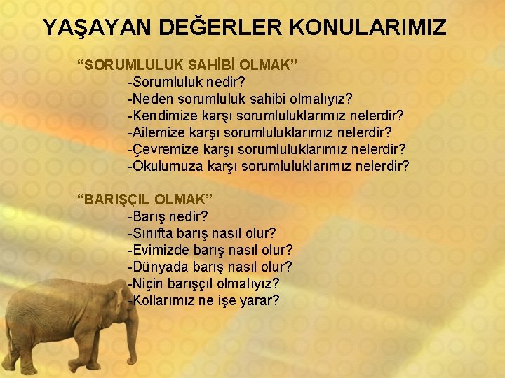 YAŞAYAN DEĞERLER KONULARIMIZ “SORUMLULUK SAHİBİ OLMAK” -Sorumluluk nedir? -Neden sorumluluk sahibi olmalıyız? -Kendimize karşı