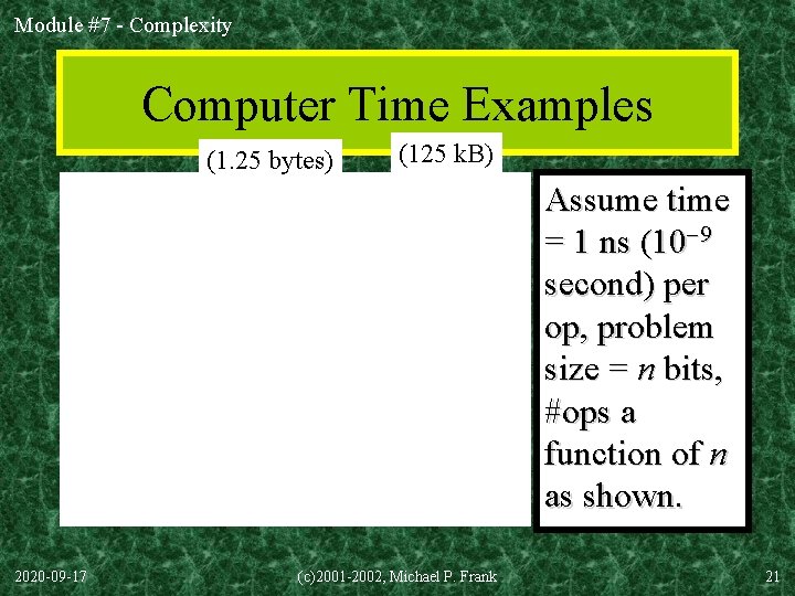 Module #7 - Complexity Computer Time Examples (1. 25 bytes) (125 k. B) Assume