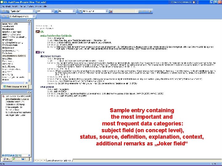 Core process – Terminology work Sample entry containing the most important and most frequent