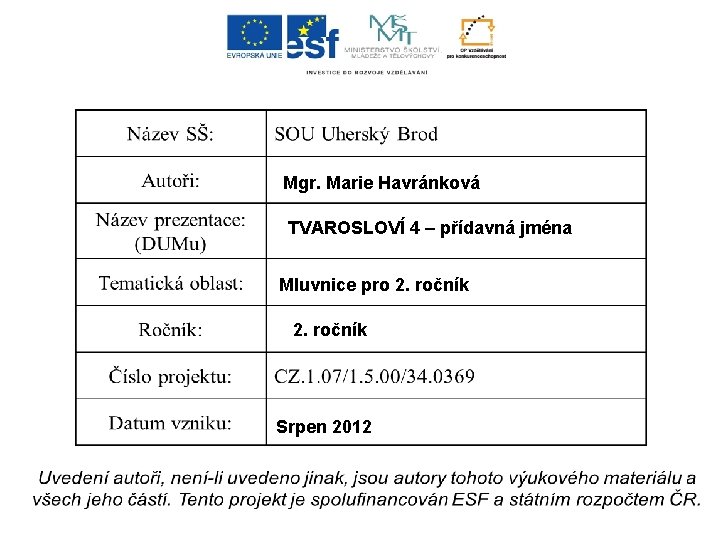 Mgr. Marie Havránková TVAROSLOVÍ 4 – přídavná jména Mluvnice pro 2. ročník Srpen 2012