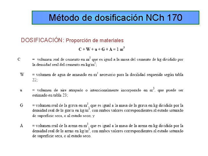Método de dosificación NCh 170 DOSIFICACIÓN: Proporción de materiales 