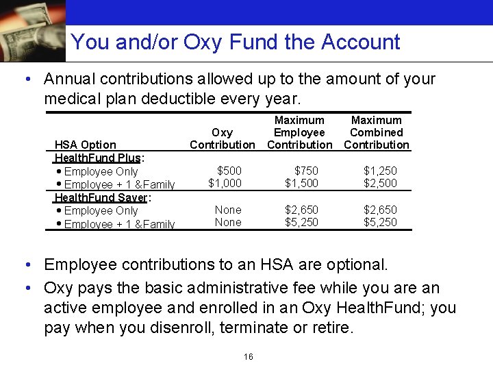 You and/or Oxy Fund the Account • Annual contributions allowed up to the amount