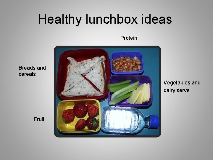 Healthy lunchbox ideas Protein Breads and cereals Vegetables and dairy serve Fruit 