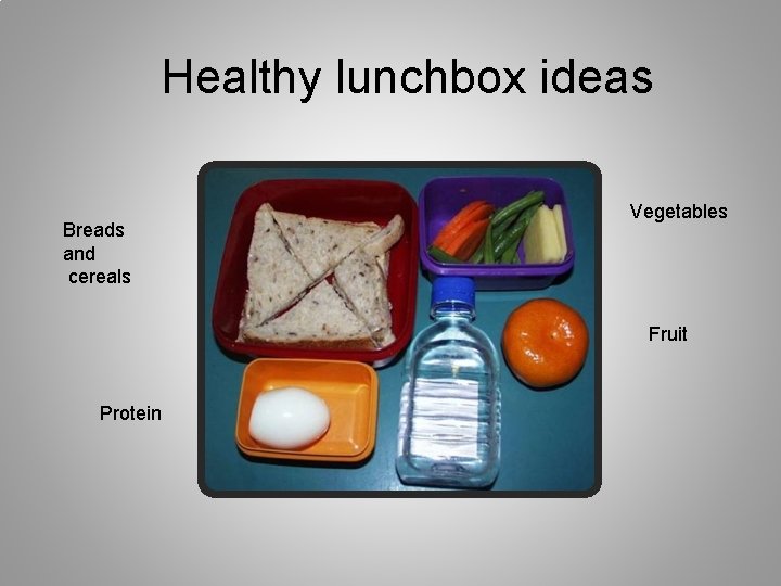 Healthy lunchbox ideas Breads and cereals Vegetables Fruit Protein 