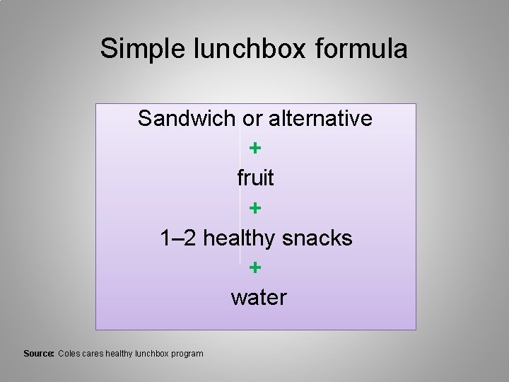 Simple lunchbox formula Sandwich or alternative + fruit + 1– 2 healthy snacks +