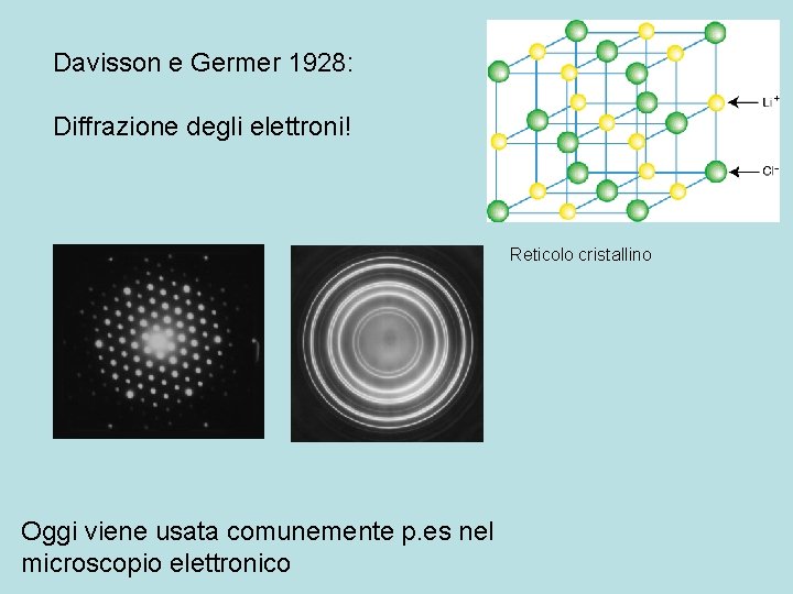 Davisson e Germer 1928: Diffrazione degli elettroni! Reticolo cristallino Oggi viene usata comunemente p.