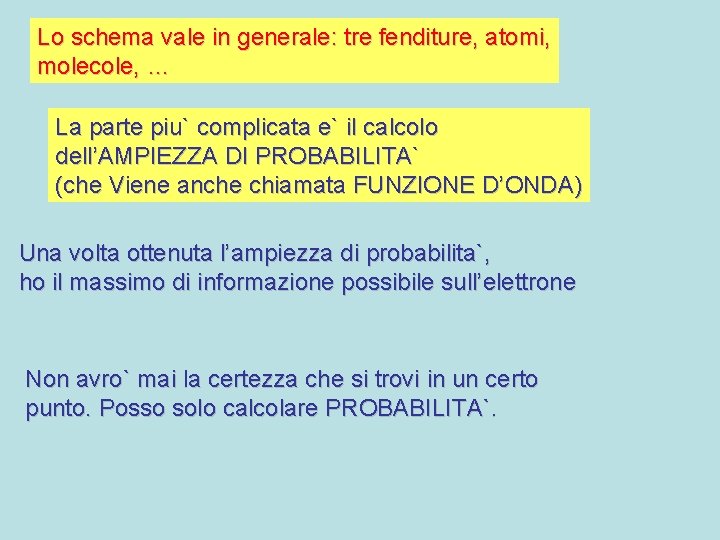 Lo schema vale in generale: tre fenditure, atomi, molecole, … La parte piu` complicata