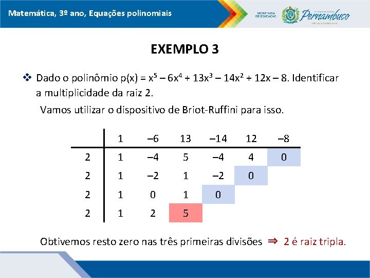 Matemática, 3º ano, Equações polinomiais EXEMPLO 3 v Dado o polinômio p(x) = x