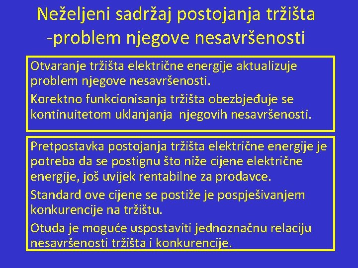 Neželjeni sadržaj postojanja tržišta -problem njegove nesavršenosti Otvaranje tržišta električne energije aktualizuje problem njegove Neželjeni sadržaj postojanja tržišta -problem njegove nesavršenosti Otvaranje tržišta električne energije aktualizuje problem njegove