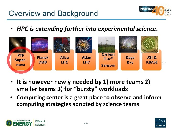 Overview and Background • HPC is extending further into experimental science. PTF Supernova Planck