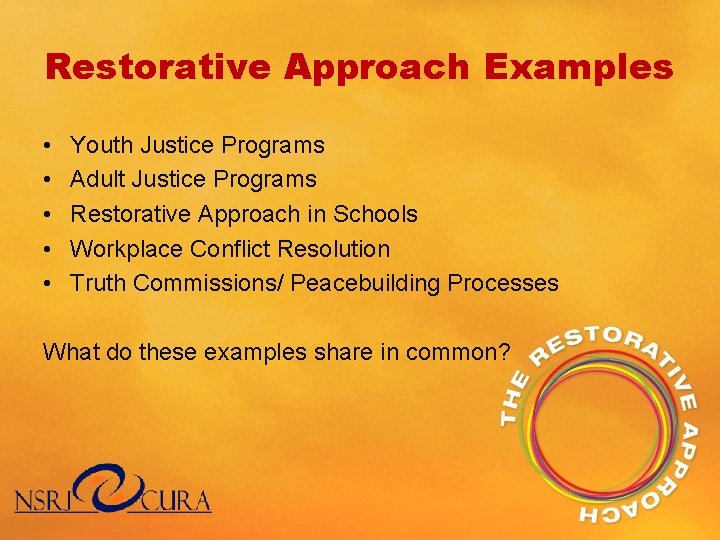 Restorative Approach Examples • • • Youth Justice Programs Adult Justice Programs Restorative Approach