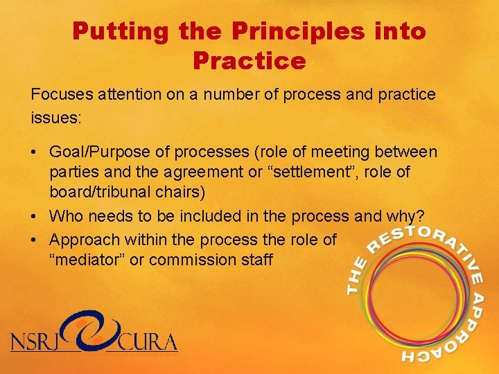 Putting the Principles into Practice Focuses attention on a number of process and practice