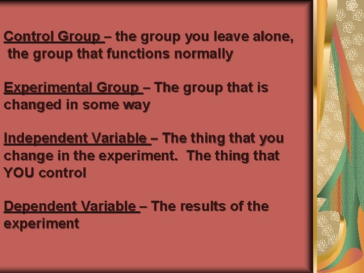 Control Group – the group you leave alone, the group that functions normally Experimental