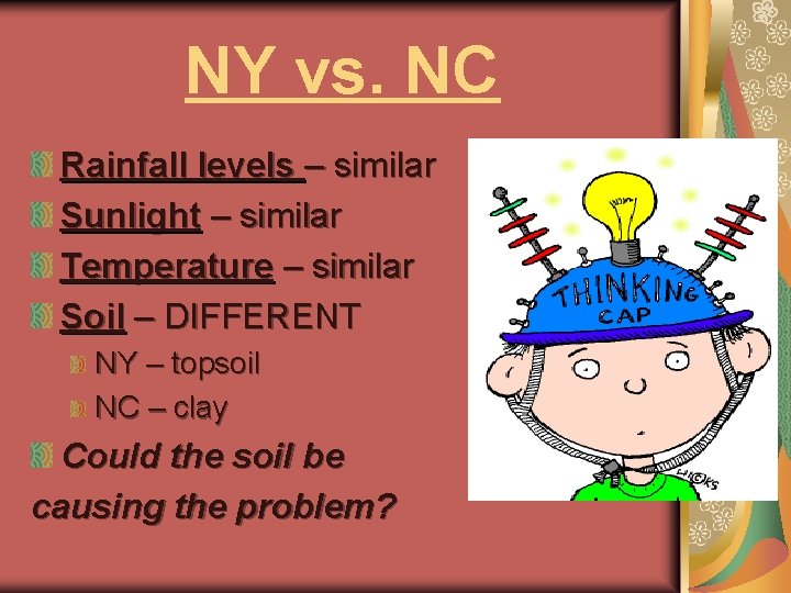 NY vs. NC Rainfall levels – similar Sunlight – similar Temperature – similar Soil