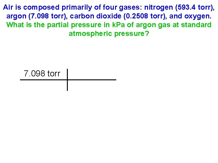 Air is composed primarily of four gases: nitrogen (593. 4 torr), argon (7. 098